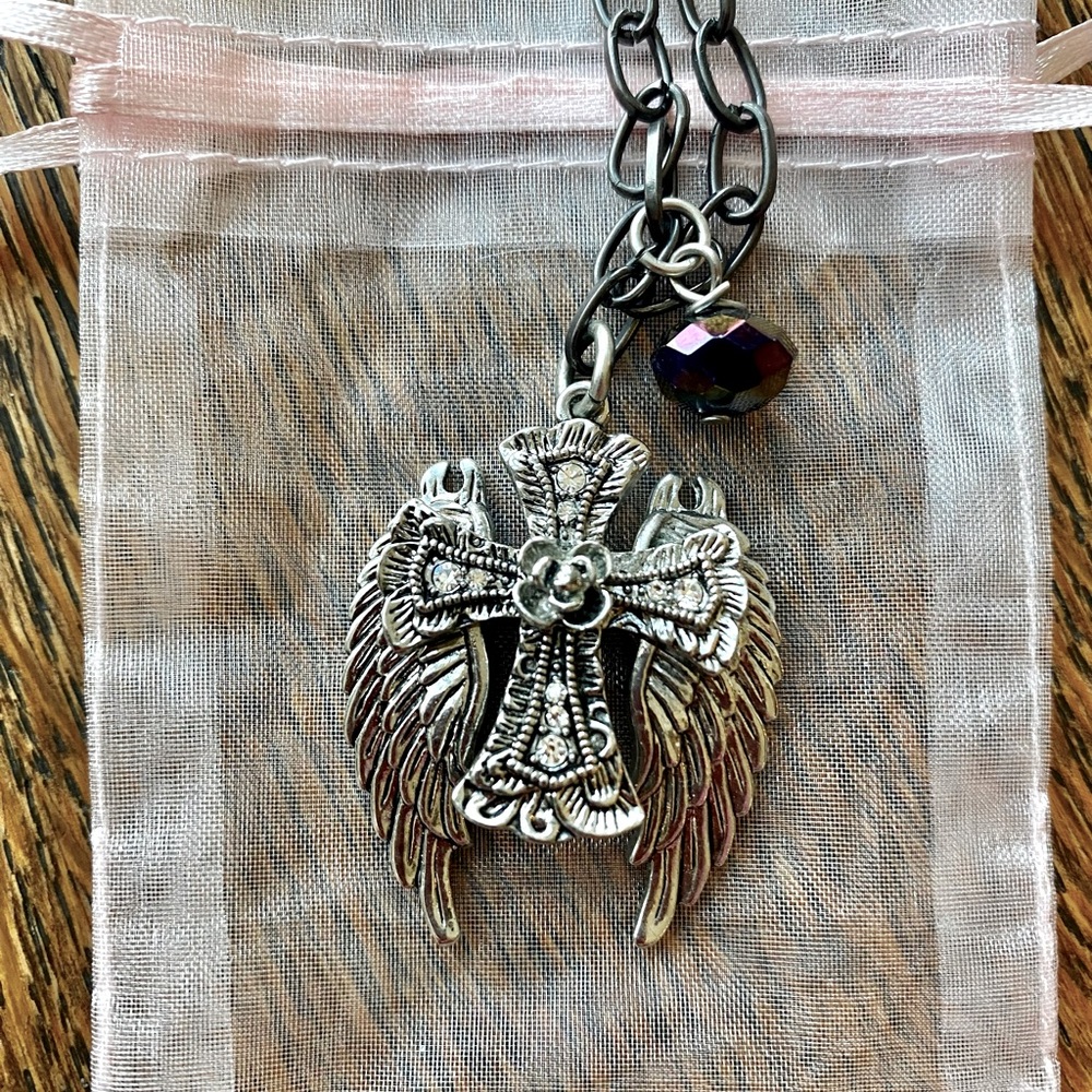 Silver Cross with Angel Wings and Accent Bead with Dark Chain
